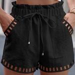 Shorts de linho de algodão feminino, calções apertados, moda praia branca, design oco, bolso para aparar, cor sólida, roupas brancas, 2024