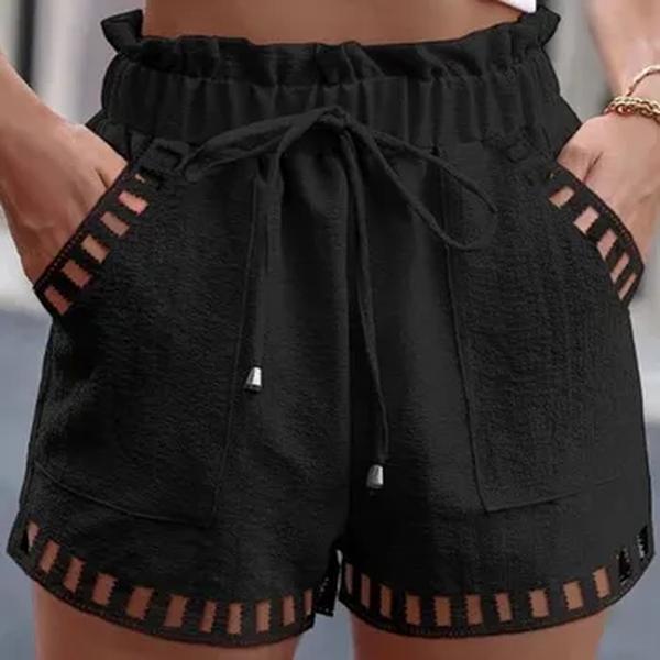 Shorts de linho de algodão feminino, calções apertados, moda praia branca, design oco, bolso para aparar, cor sólida, roupas brancas, 2024