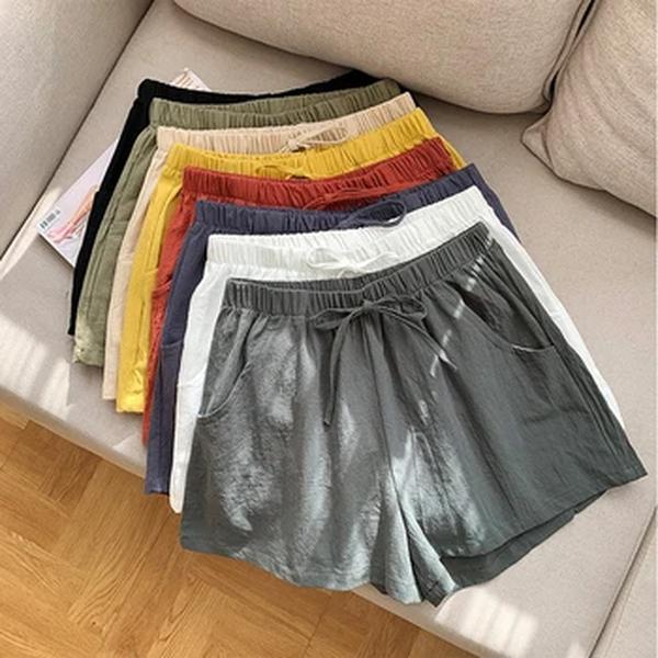 Calções de linho de algodão monocromático feminino, cintura alta, preto, casual, básico, treino, calça curta, esportivo, moda verão