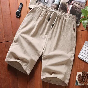 Shorts de verão masculino de algodão e linho, estilo fino, tamanho grande, calças quartas, solto, cor sólida, cintura elástica, calça que combina com tudo