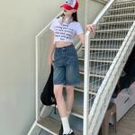 Calça jeans solta e cintura alta feminina, marca slim feminina, casual, de pernas largas, curta, 5 pontos, calça de joelho azul, verão, nova