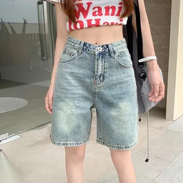 Calça jeans solta e cintura alta feminina, marca slim feminina, casual, de pernas largas, curta, 5 pontos, calça de joelho azul, verão, nova