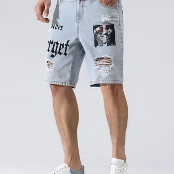 Shorts jeans elásticos para homens, jeans rasgados na altura do joelho, calças largas, calças confortáveis, streetwear casual, letras, verão