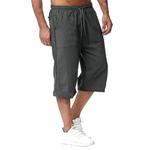 Calção casual de linho e algodão masculino, monocromático, esportivo de verão, respirável, elástico na cintura, bolso, calça cortada, moda pública