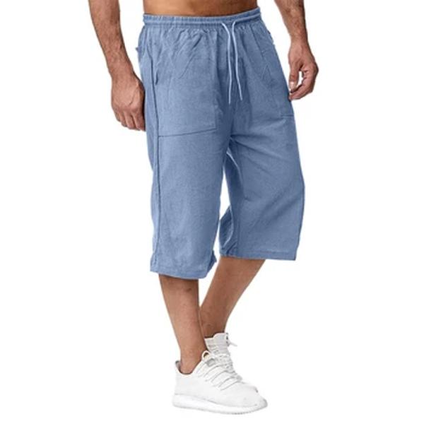 Calção casual de linho e algodão masculino, monocromático, esportivo de verão, respirável, elástico na cintura, bolso, calça cortada, moda pública
