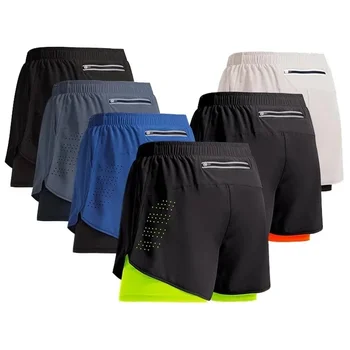 Calção de corrida de dupla camada de secagem rápida masculina, fitness, preto, esporte, treino, musculação, calça curta, novo