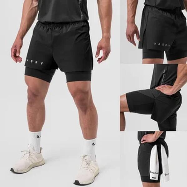 Calções esportivos 2 em 1 masculino, de camada dupla, jogging, fitness, treinamento, esportes ao ar livre, calças de praia, novo, verão