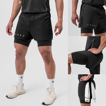 Calções esportivos 2 em 1 masculino, de camada dupla, jogging, fitness, treinamento, esportes ao ar livre, calças de praia, novo, verão