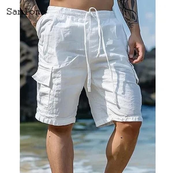 Short vintage de linho de algodão masculino, meia calça, estilo europeu, casual para praia, calça cruzada, calça branca monocromática com cordão, 2024