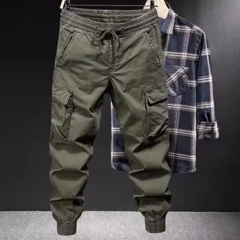 Calça basculadora verde militar masculina, calça cargo com vários bolsos, calça casual solta, estilo europeu e americano, nova