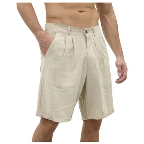 Calção de praia casual masculino com botões, monocromático, algodão, linho, clássico, cintura média, macio, respirável, moda, verão