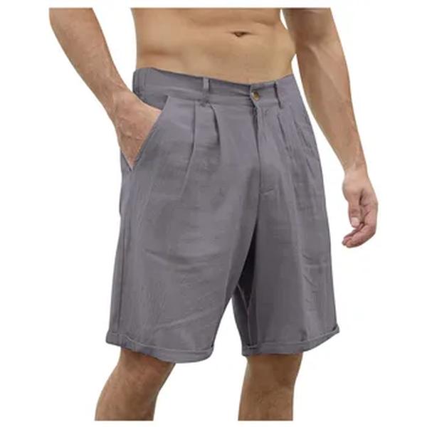 Calção de praia casual masculino com botões, monocromático, algodão, linho, clássico, cintura média, macio, respirável, moda, verão