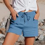 Calção de algodão de linho feminino com cordão, calça curta de cintura alta, bolsos, esportivo, casual, básico, verão