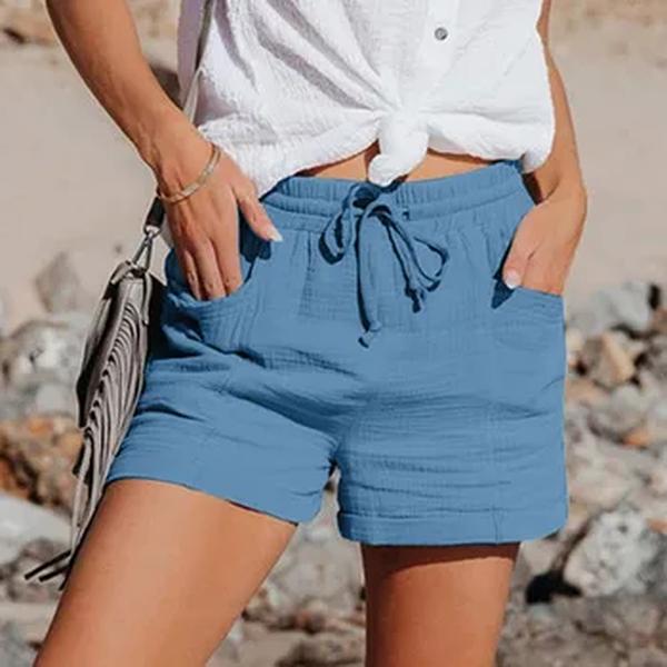 Calção de algodão de linho feminino com cordão, calça curta de cintura alta, bolsos, esportivo, casual, básico, verão