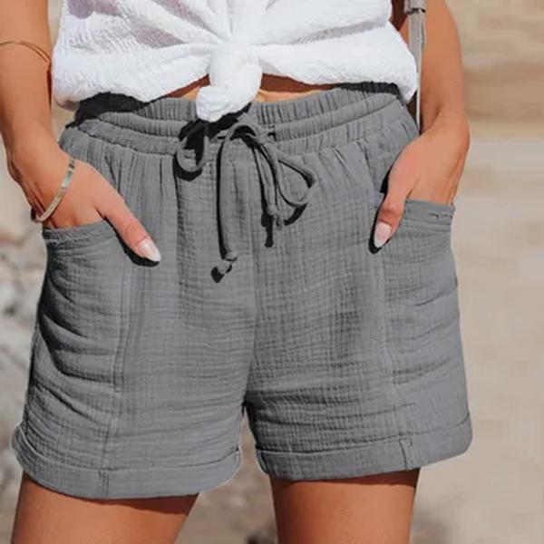 Calção de algodão de linho feminino com cordão, calça curta de cintura alta, bolsos, esportivo, casual, básico, verão