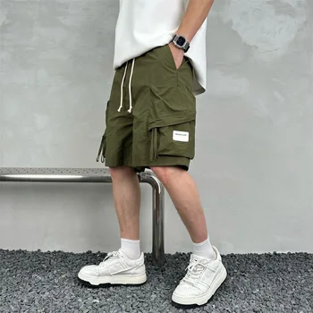 Calções multi bolso cargo masculino, cor sólida, simples, solto, casual, esportivo, calça de cinco pontos, streetwear de secagem rápida, verão