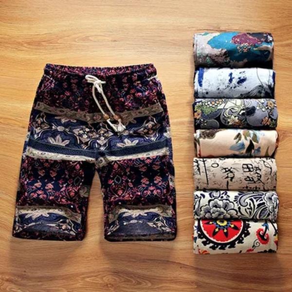 Verão Nova Boutique Flor de Algodão Linho Men's Casual Praia Shorts Men's Confortável Respirável Lazer Shorts Masculino