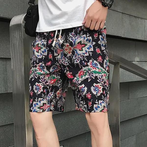 Verão Nova Boutique Flor de Algodão Linho Men's Casual Praia Shorts Men's Confortável Respirável Lazer Shorts Masculino