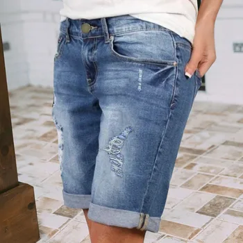 Shorts jeans vintage azul buraco feminino, jeans na altura do joelho, cintura alta, bolsos finos, moda verão, novo, 2024