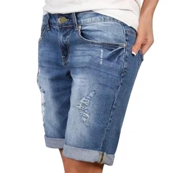 Shorts jeans vintage azul buraco feminino, jeans na altura do joelho, cintura alta, bolsos finos, moda verão, novo, 2024