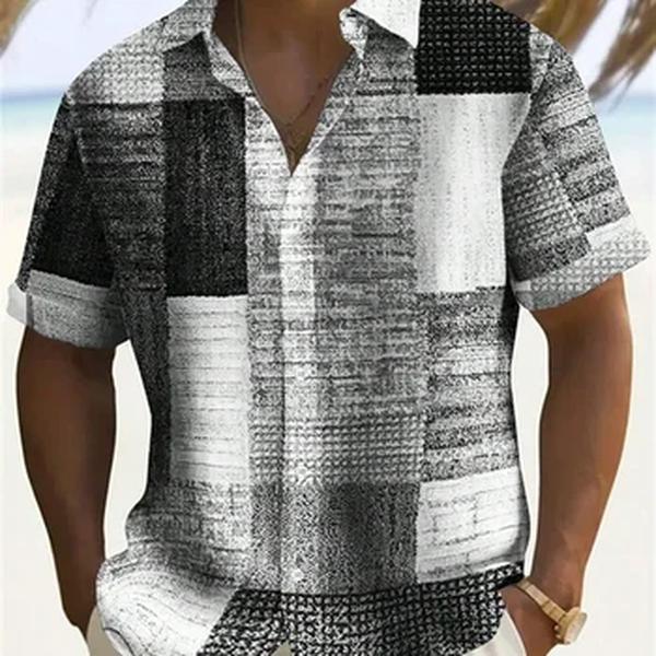 Patchwork denim camisa vintage para homens, grid gráfico t shirts, camisas de manga curta impressas em 3D, tops de roupas masculinas