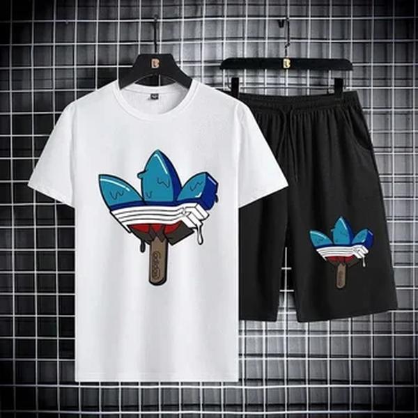 Camiseta de manga curta estampada masculina, shorts de secagem rápida, conjunto esportivo respirável, conjunto de corrida, moda verão, novo 2024