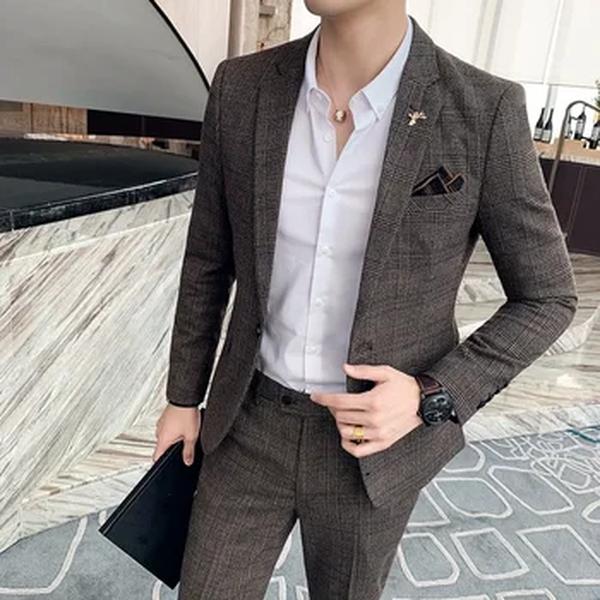 (Blazer + calças) high-end marca formal negócios xadrez terno dos homens noivo vestido de casamento cor sólida palco desempenho smoking S-7XL