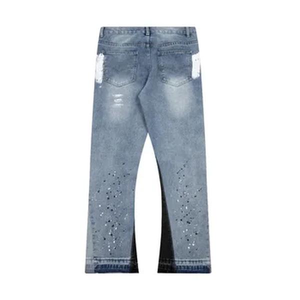 Splashed Ink Ripped Patchwork Jeans para homens e mulheres, calças micro-lared, retas, finas, americanas, marca da moda, High Street, 2024