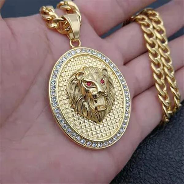 Colar de pingente de cabeça de leão, colar masculino hip hop, iced out, aço sem ferro, cor dourada, animal, joias masculinas