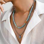 Salircão-Punk Simples Cor Prata Caixa de Metal Colar em Corrente, Grânulos de Pedra Azul Boêmio, Masculino Casual Festa Jóias