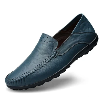 Sapatos casuais de couro genuíno masculino, marca de luxo, mocassins masculinos formais, deslizamento respirável italiano em sapatos masculinos de barco, mocassins, plus size