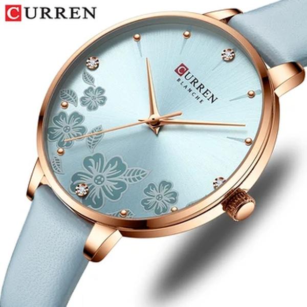 Curren-Relógios de pulso quartzo de couro de luxo feminino, marca relógio para senhoras, charme relógio mostrador flores