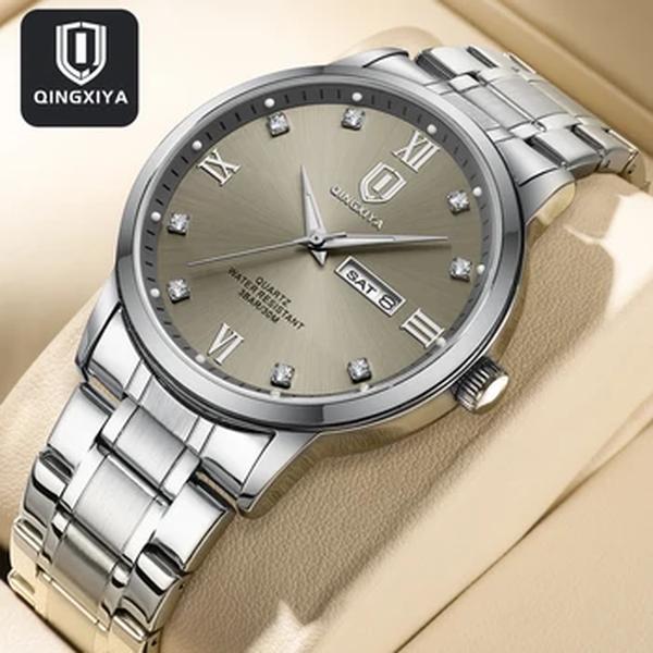 QINGXIYA-Relógio quartzo impermeável de aço inoxidável masculino, relógios de pulso luminosos, semana e data, marca top, moda luxo
