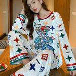 Conjunto de pijama de urso de veludo dourado feminino, gola redonda, veludo coreano, calças de cabelo, roupas domésticas, sentido premium, cor, novo, outono, inverno