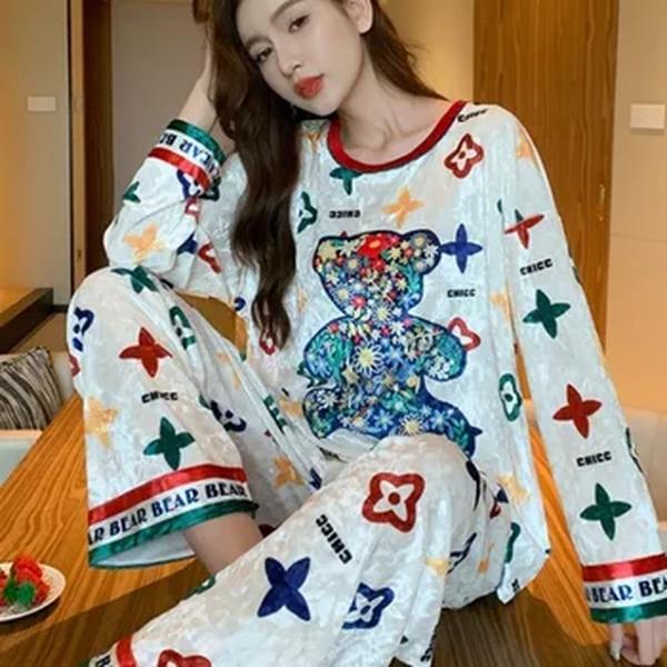 Conjunto de pijama de urso de veludo dourado feminino, gola redonda, veludo coreano, calças de cabelo, roupas domésticas, sentido premium, cor, novo, outono, inverno