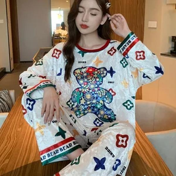 Conjunto de pijama de urso de veludo dourado feminino, gola redonda, veludo coreano, calças de cabelo, roupas domésticas, sentido premium, cor, novo, outono, inverno