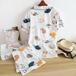 Conjunto de pijama feminino de manga curta, 100% algodão, bonito desenho animado, pijama japonês simples para senhoras, novo