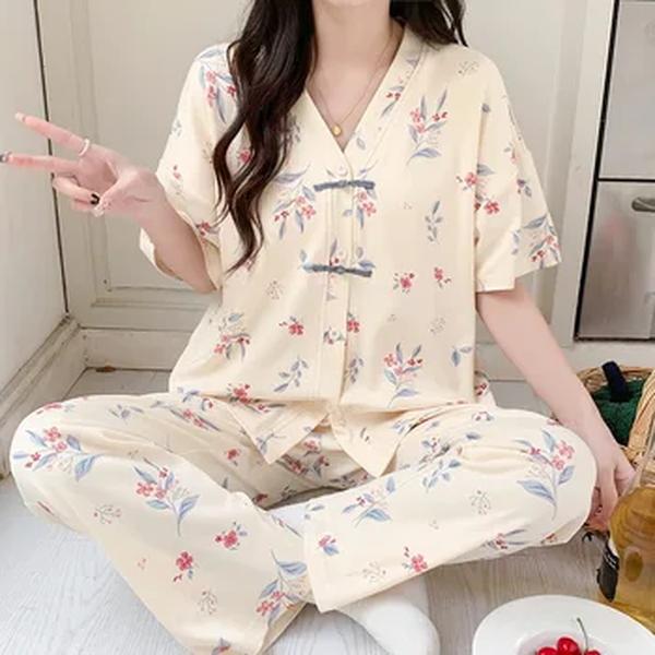 Pijama de algodão estilo pijama feminino, pijama pijama plus size, calças compridas de manga curta, conjunto de pijama cardigan verão