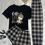 Pijama feminino confortável de três peças, casual para casa, shorts de manga curta, calças compridas, novo estilo