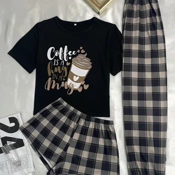 Pijama feminino confortável de três peças, casual para casa, shorts de manga curta, calças compridas, novo estilo