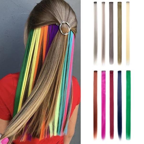 Clipe colorido em extensões de cabelo para mulheres, arco-íris perucas sintéticas retas, festa de cosplay, natal, ano novo, 22 ", 10 pcs