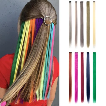 Clipe colorido em extensões de cabelo para mulheres, arco-íris perucas sintéticas retas, festa de cosplay, natal, ano novo, 22 ", 10 pcs