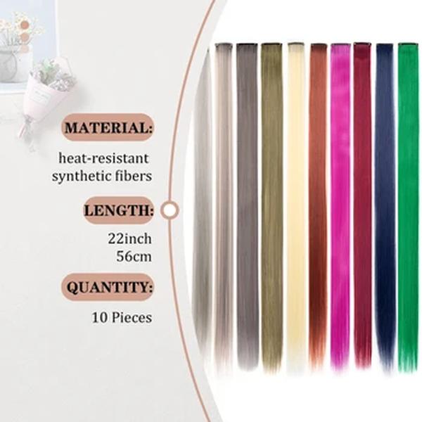 Clipe colorido em extensões de cabelo para mulheres, arco-íris perucas sintéticas retas, festa de cosplay, natal, ano novo, 22 ", 10 pcs