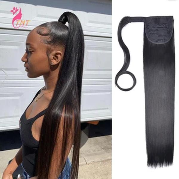 Extensão sintética reta longa do cabelo do rabo de cavalo, envolva em torno das extensões do rabo de cavalo, cabelo natural, headwear